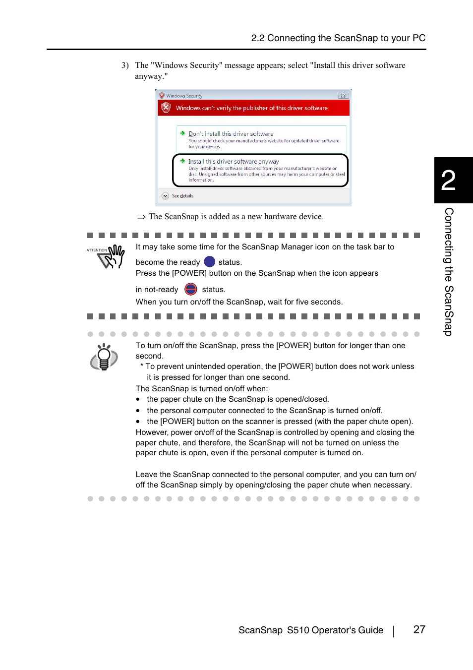 27 connecting t he scansnap | FUJITSU ScanSnap S510 User Manual | Page 47 / 287