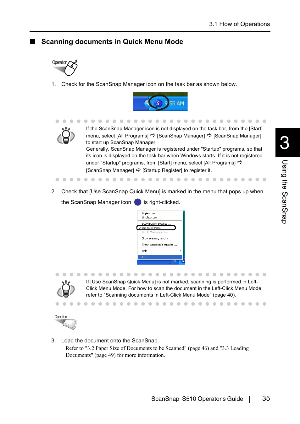 Scanning, 35 using the scansnap, Scanning documents in quick menu mode | FUJITSU ScanSnap S510 User Manual | Page 55 / 287
