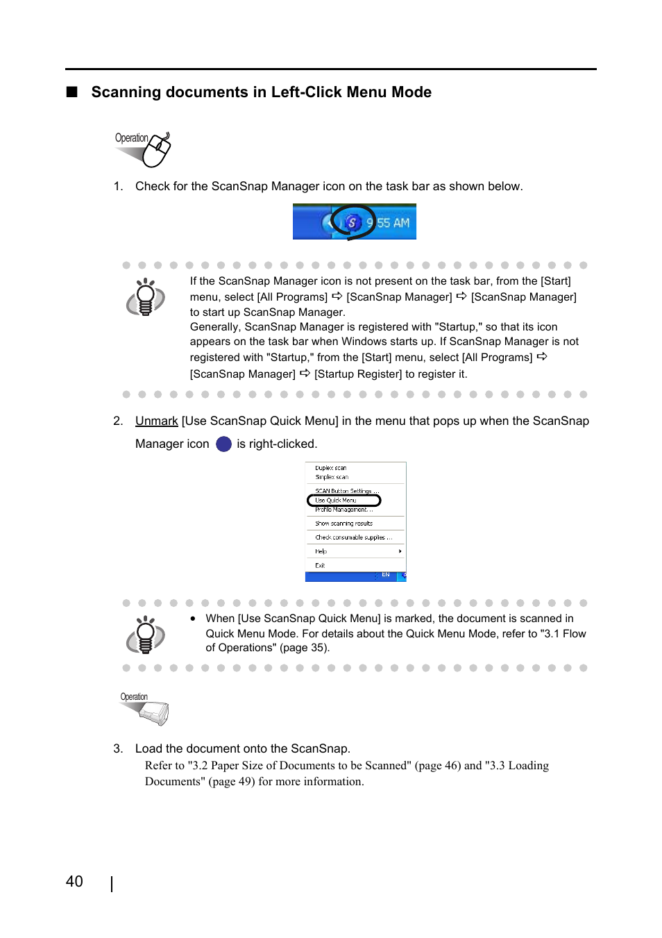 E "scanning, 40 ■ scanning documents in left-click menu mode | FUJITSU ScanSnap S510 User Manual | Page 60 / 287