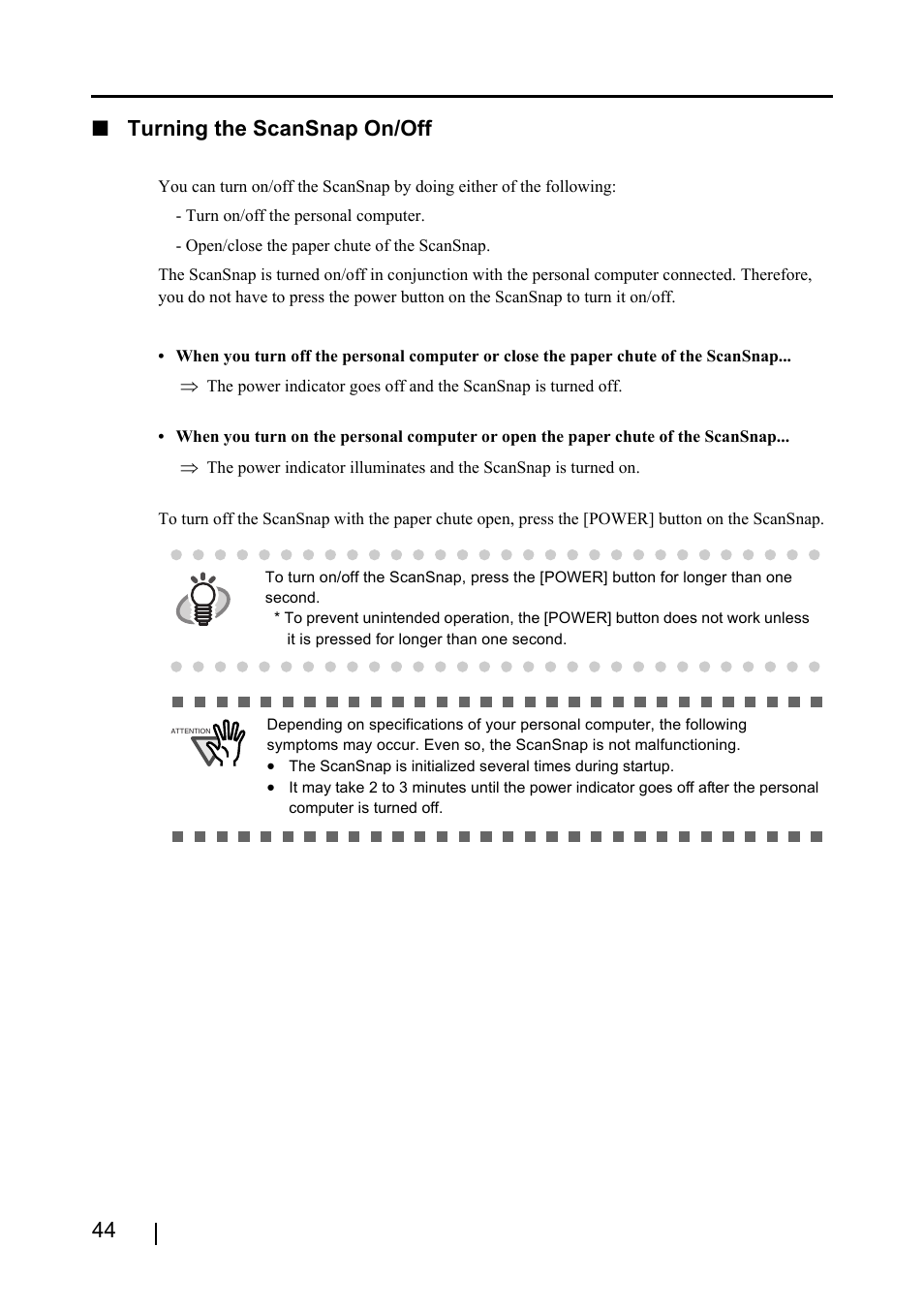 44 ■ turning the scansnap on/off | FUJITSU ScanSnap S510 User Manual | Page 64 / 287