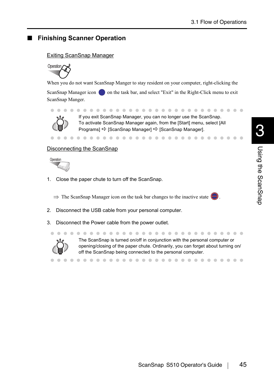 45 using the scansnap, Finishing scanner operation | FUJITSU ScanSnap S510 User Manual | Page 65 / 287