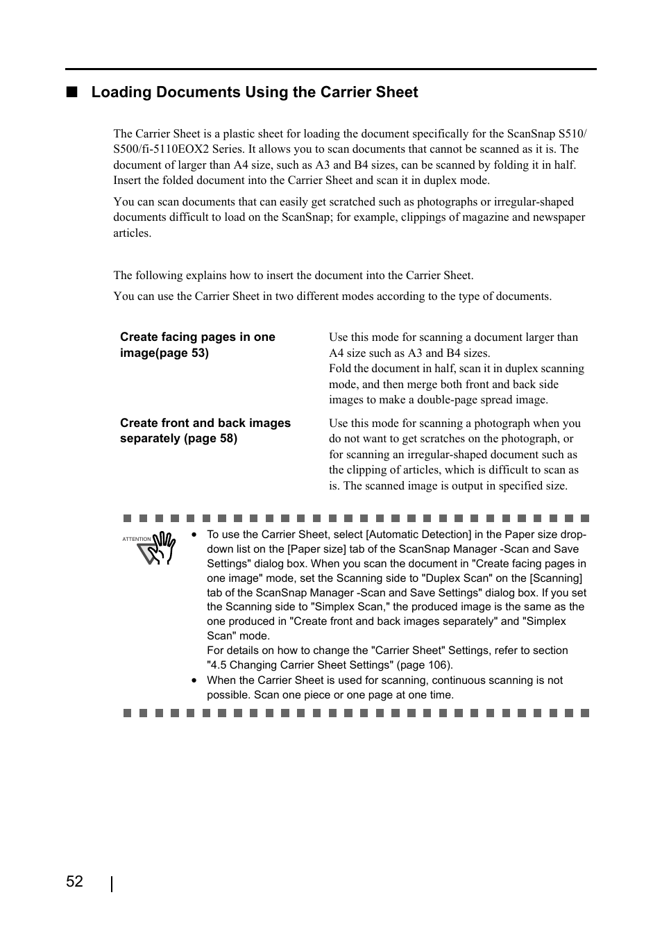 52 ■ loading documents using the carrier sheet | FUJITSU ScanSnap S510 User Manual | Page 72 / 287