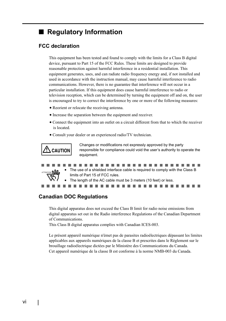 Regulatory information, Regulatory informatio, Fcc declaration | Canadian doc regulations | FUJITSU ScanSnap S510 User Manual | Page 8 / 287