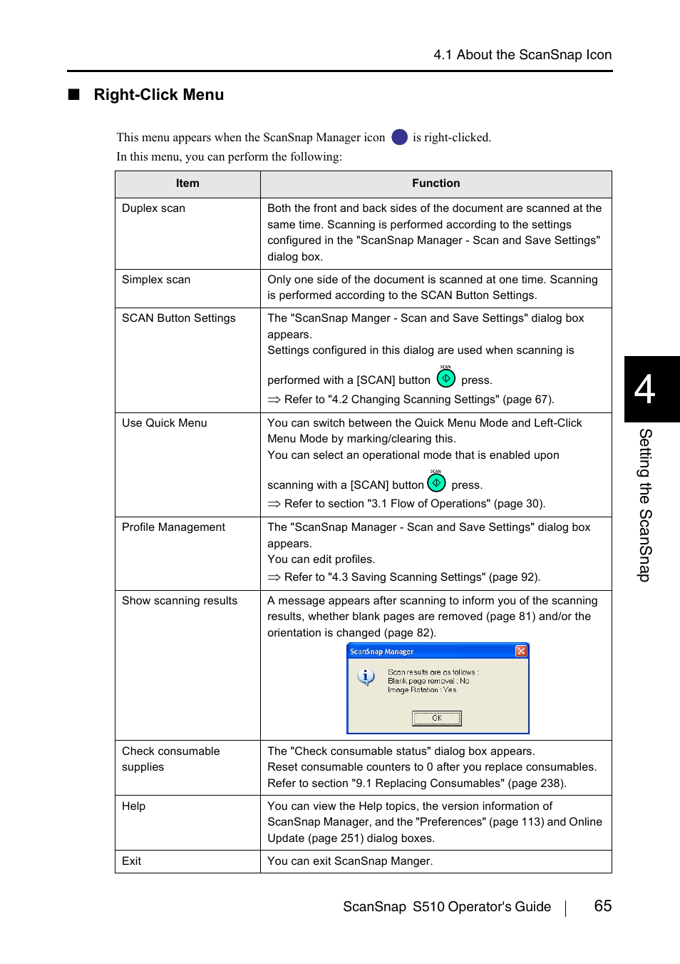 65 setting the scansnap, Right-click menu | FUJITSU ScanSnap S510 User Manual | Page 85 / 287