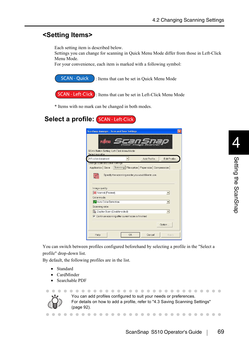 Setting items, Select a profile | FUJITSU ScanSnap S510 User Manual | Page 89 / 287