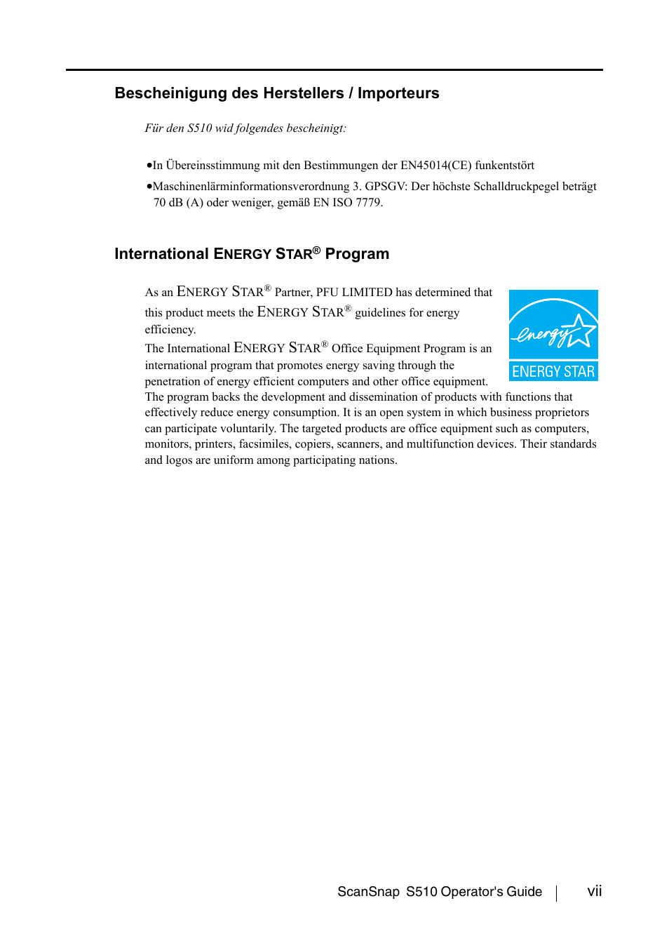 Vii bescheinigung des herstellers / importeurs, International e, Program | FUJITSU ScanSnap S510 User Manual | Page 9 / 287
