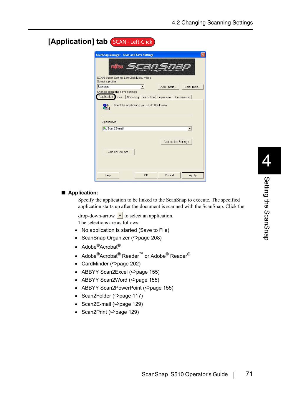 Application] tab, 71 setting the scansnap | FUJITSU ScanSnap S510 User Manual | Page 91 / 287