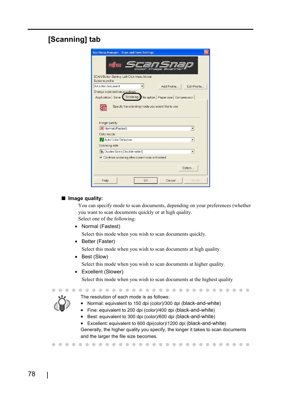 Scanning] tab | FUJITSU ScanSnap S510 User Manual | Page 98 / 287