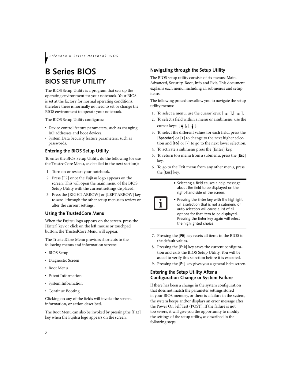 B series bios, Bios setup utility | FUJITSU B6210 User Manual | Page 2 / 29