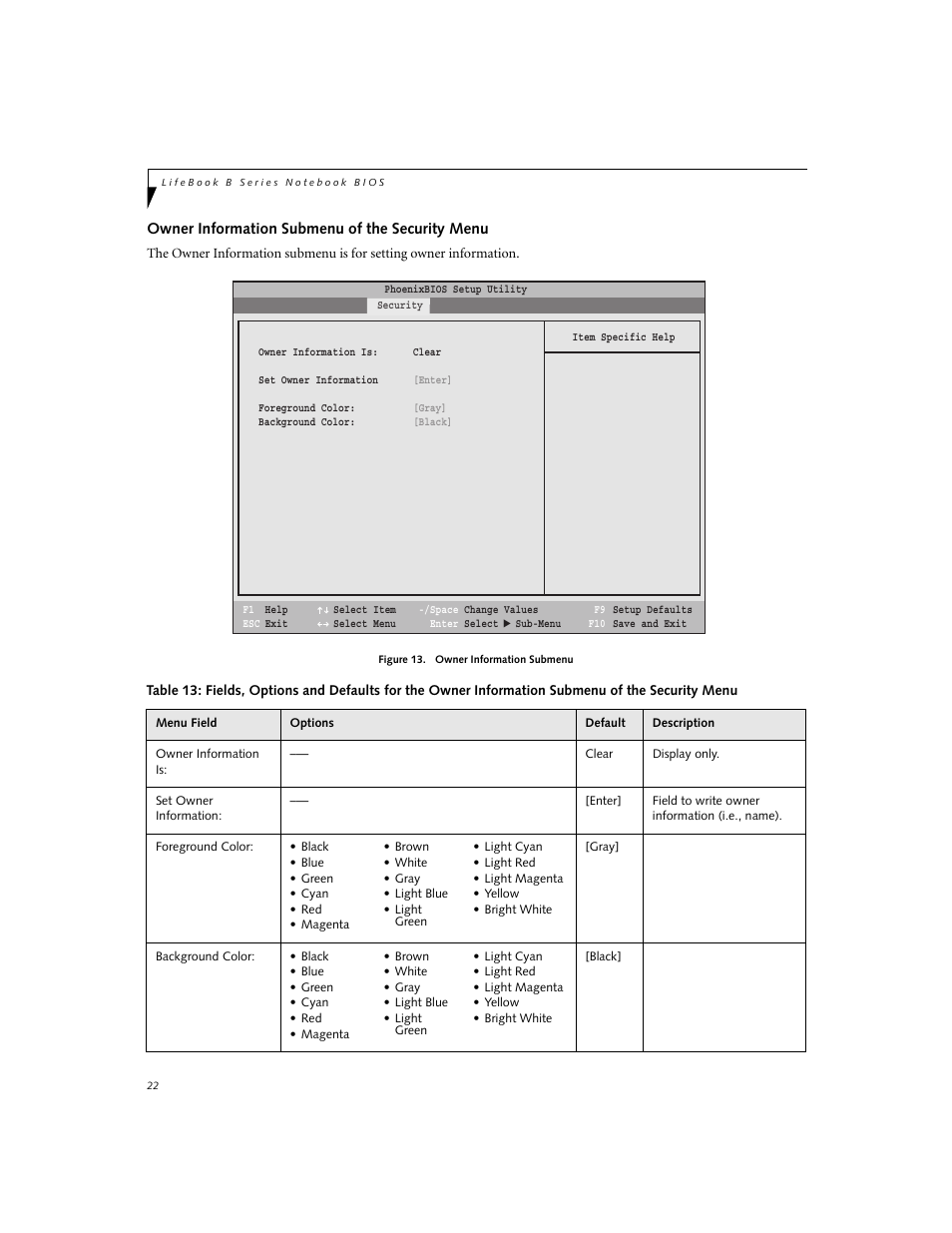 Owner information submenu of the security menu | FUJITSU B6210 User Manual | Page 22 / 29