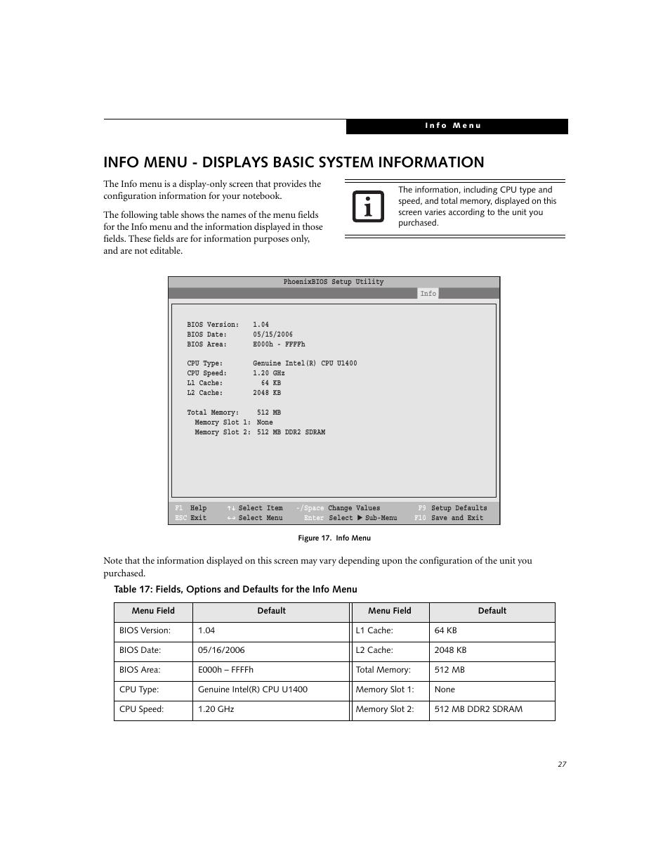 Info menu - displays basic system information | FUJITSU B6210 User Manual | Page 27 / 29
