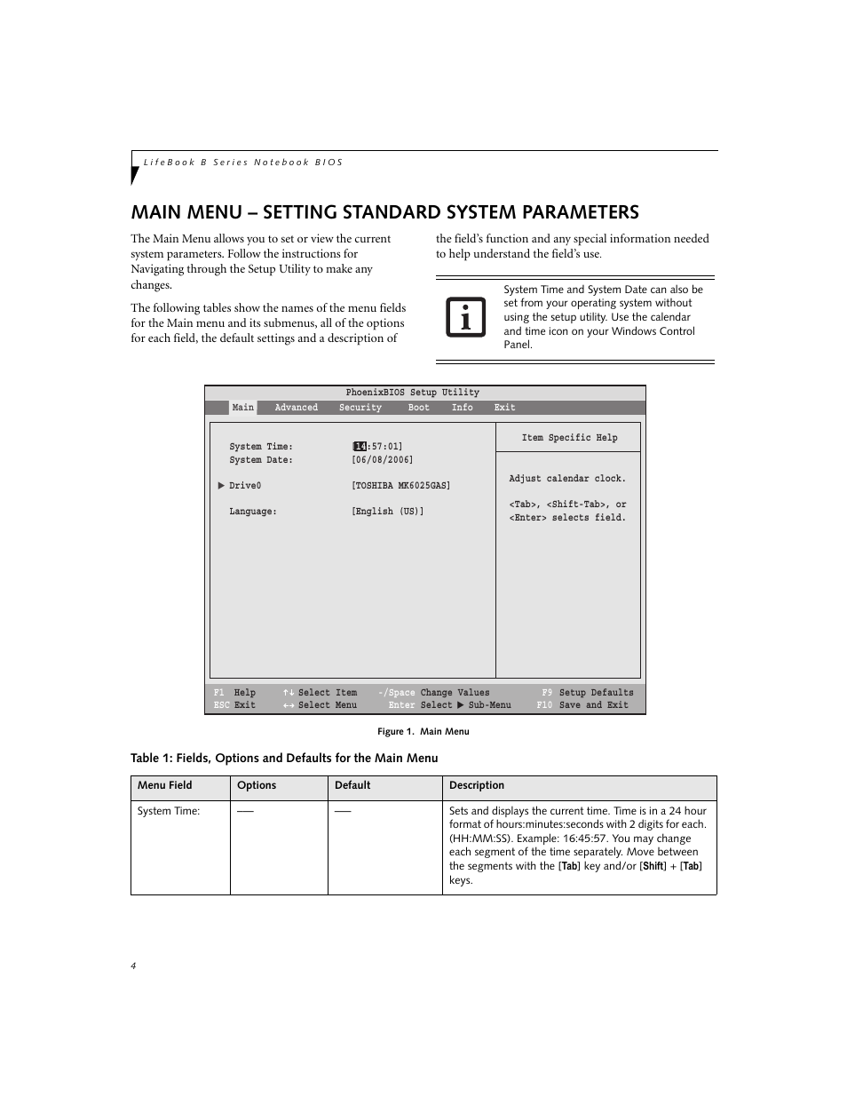 Main menu – setting standard system parameters | FUJITSU B6210 User Manual | Page 4 / 29