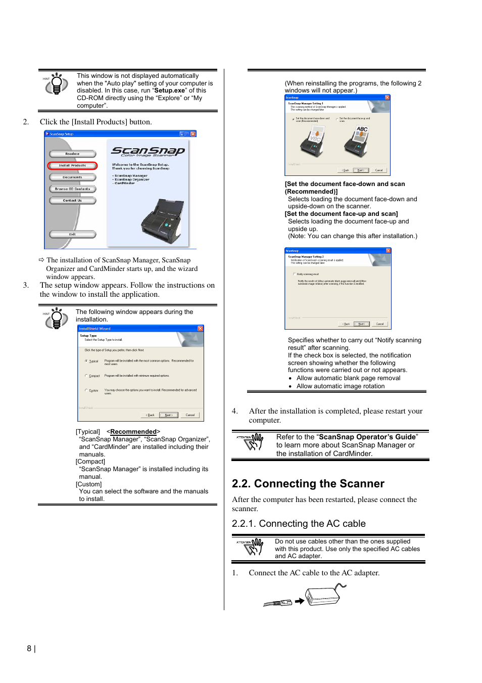 Connecting the scanner, Connecting the ac cable | FUJITSU S500 User Manual | Page 10 / 25