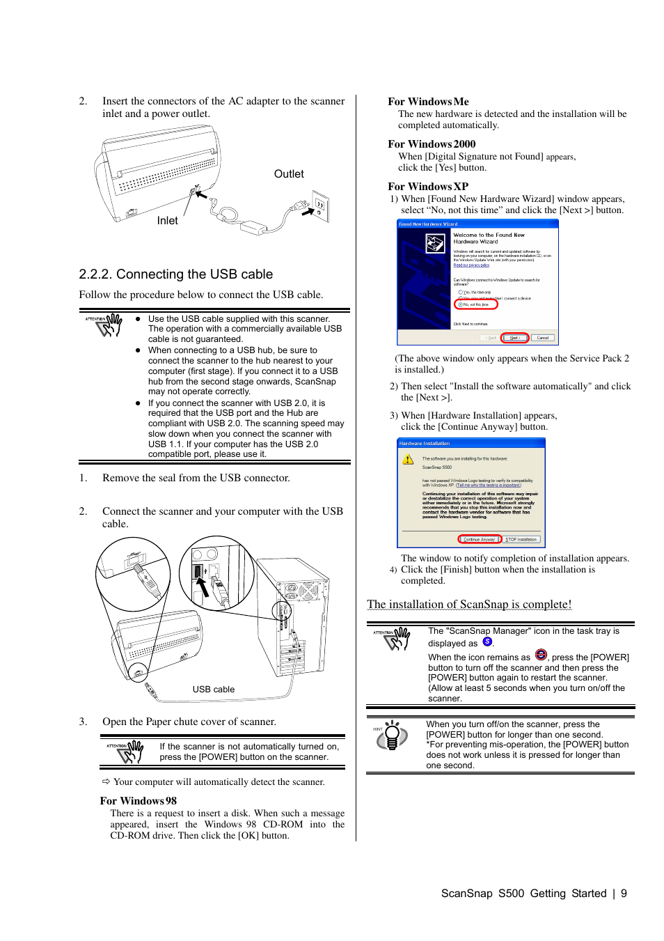 Connecting the usb cable | FUJITSU S500 User Manual | Page 11 / 25