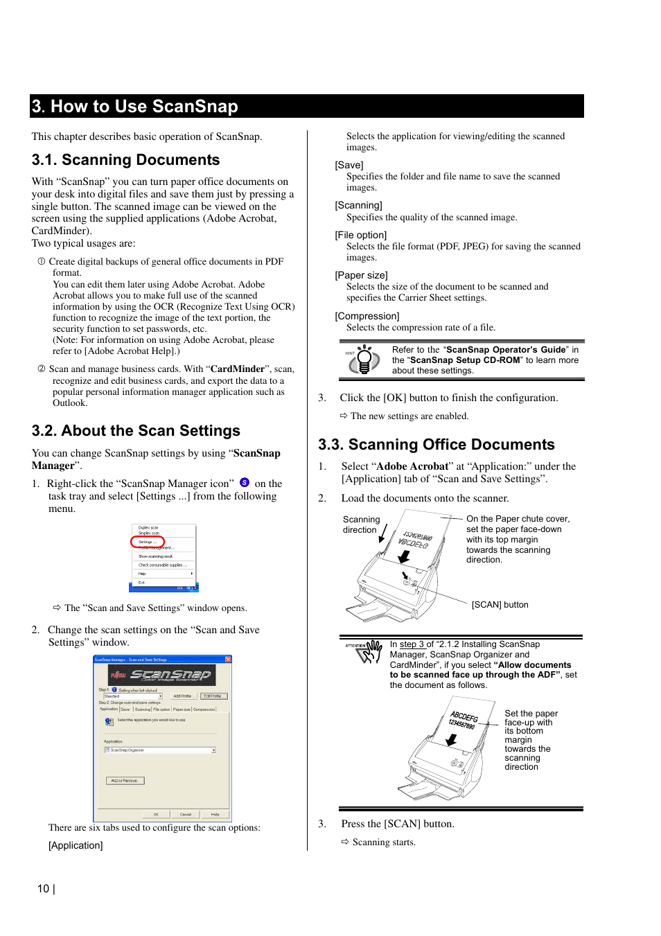 How to use scansnap, Scanning documents, About the scan settings | Scanning office documents, 3 . how to use scansnap | FUJITSU S500 User Manual | Page 12 / 25