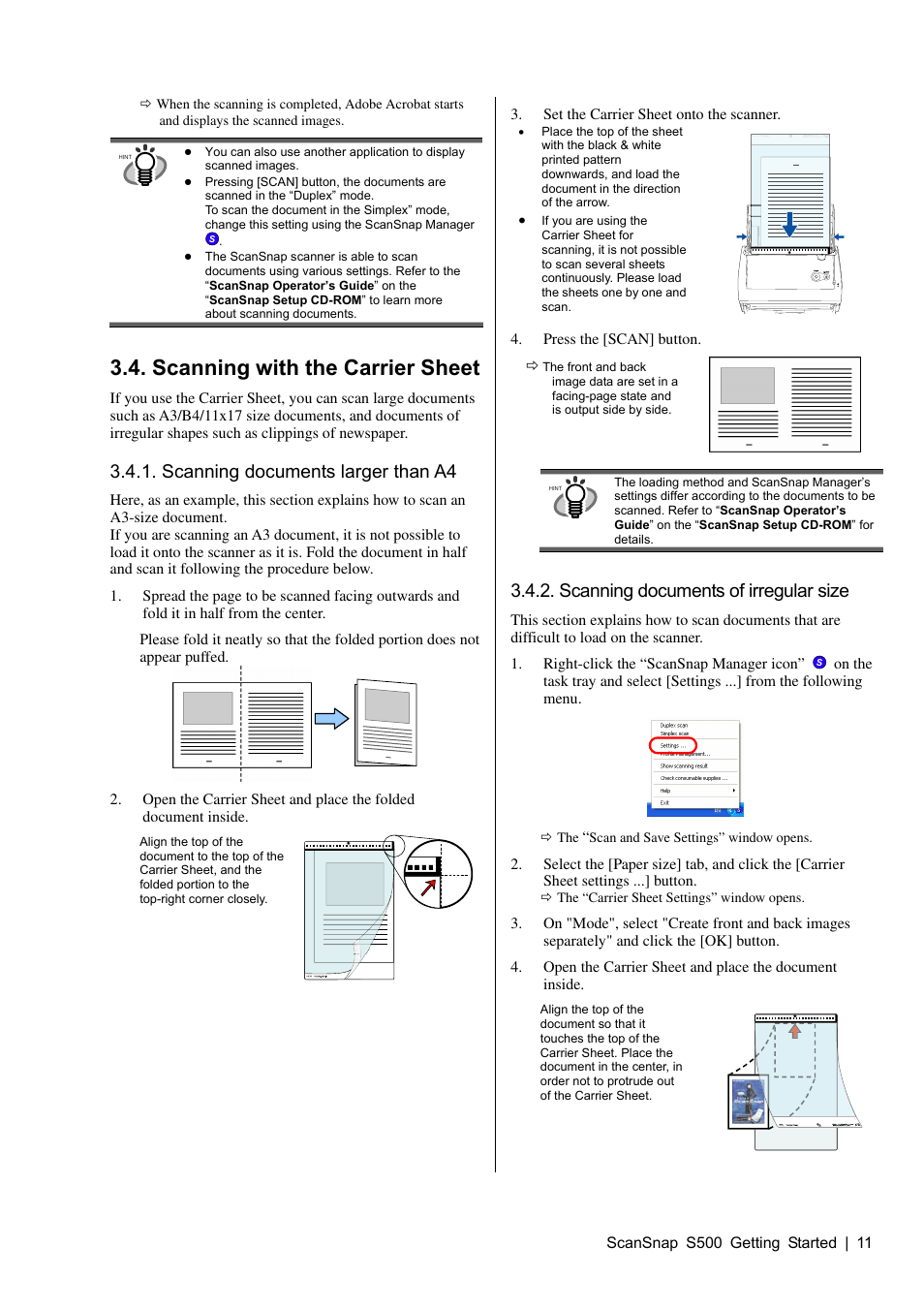 Scanning with the carrier sheet, Scanning documents larger than a4, Scanning documents of irregular size | FUJITSU S500 User Manual | Page 13 / 25