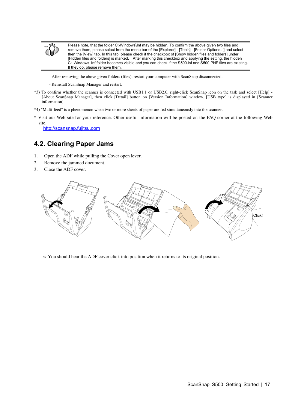 Clearing paper jams | FUJITSU S500 User Manual | Page 19 / 25