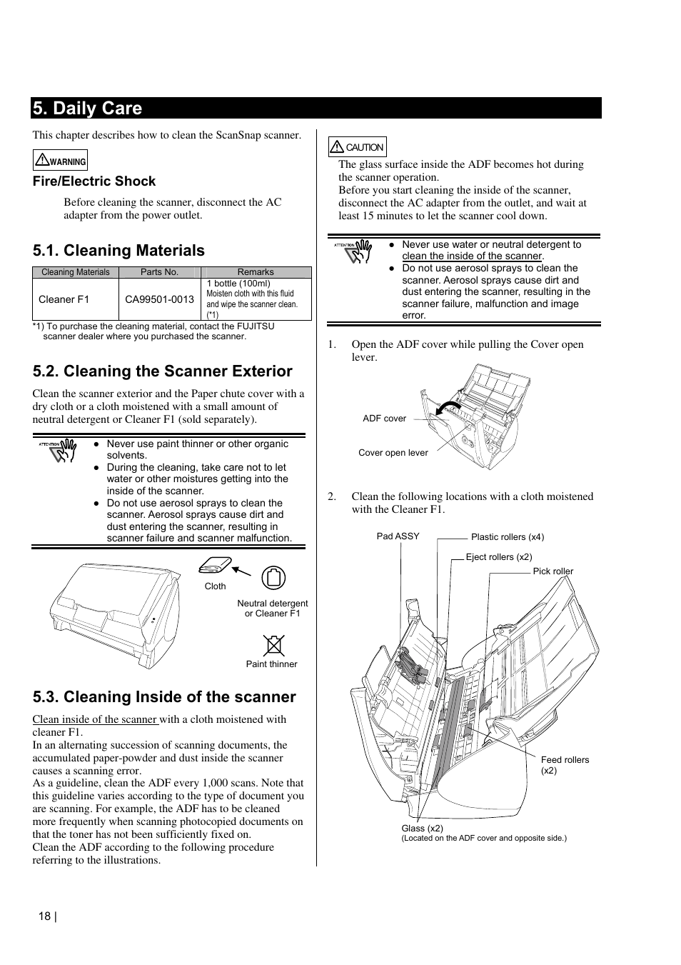 Daily care, Cleaning materials, Cleaning the scanner exterior | Cleaning inside of the scanner, Fire/electric shock | FUJITSU S500 User Manual | Page 20 / 25