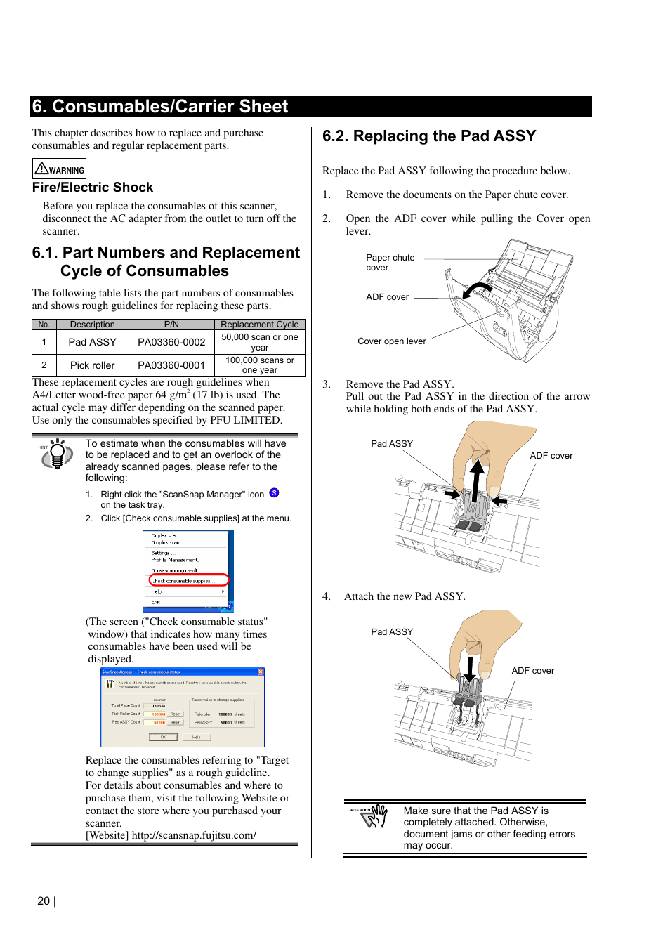 Consumables/carrier sheet, Part numbers and replacement cycle of consumables, Replacing the pad assy | Fire/electric shock | FUJITSU S500 User Manual | Page 22 / 25