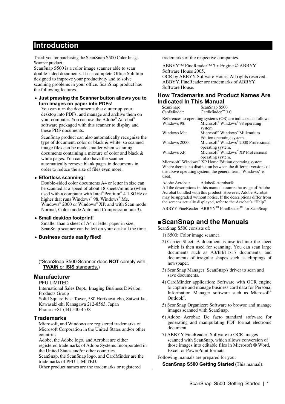 Introduction, Scansnap and the manuals, Manufacturer | Trademarks | FUJITSU S500 User Manual | Page 3 / 25