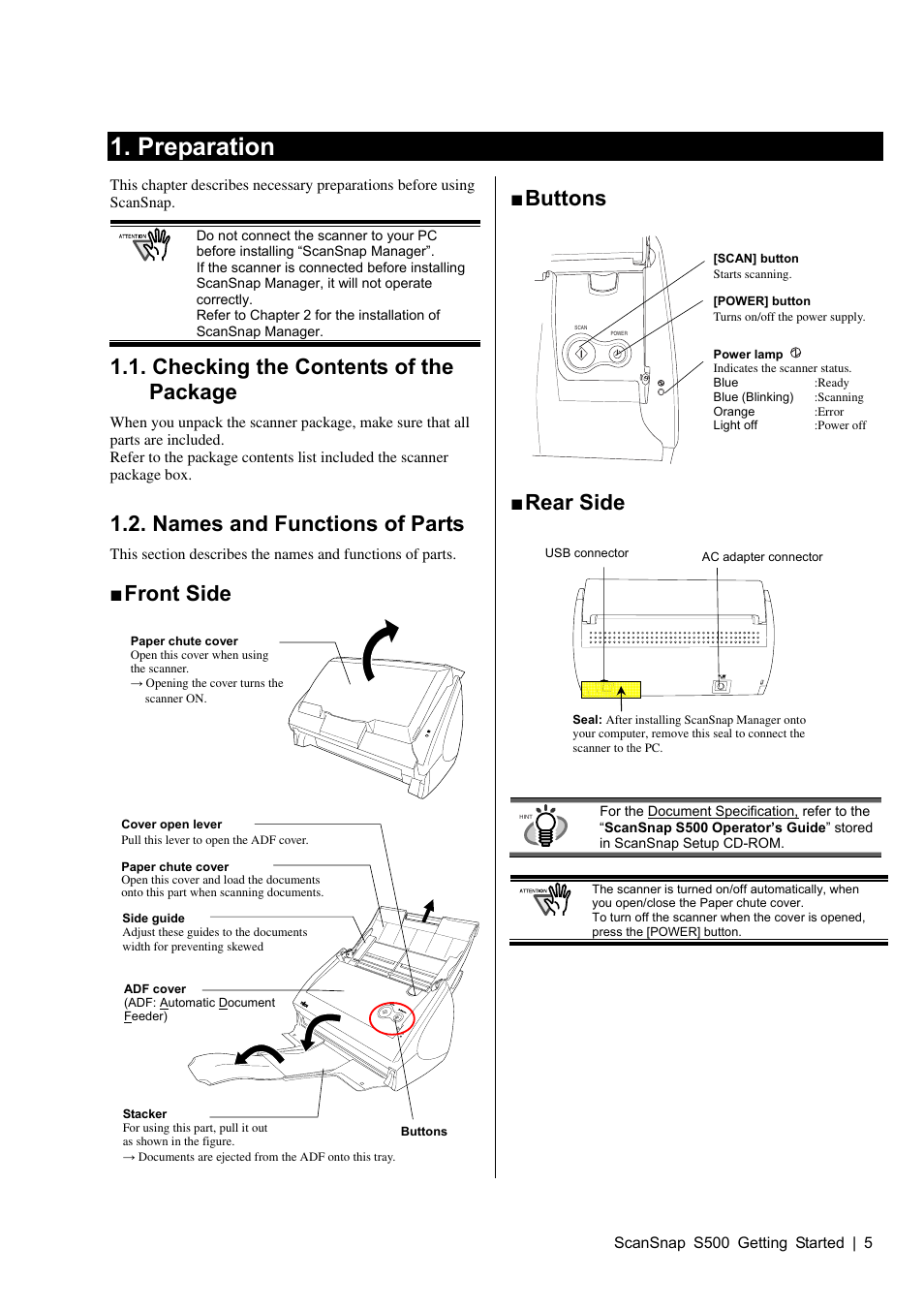 Preparation, Checking the contents of the package, Names and functions of parts | Front side, Buttons, Rear side | FUJITSU S500 User Manual | Page 7 / 25