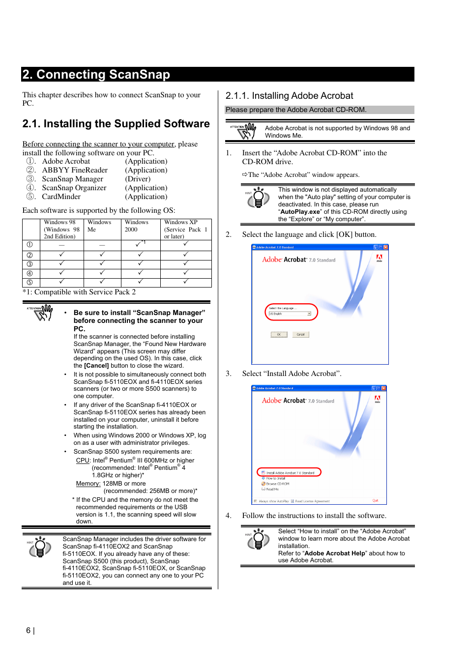 Connecting scansnap, Installing the supplied software, Installing adobe acrobat | FUJITSU S500 User Manual | Page 8 / 25