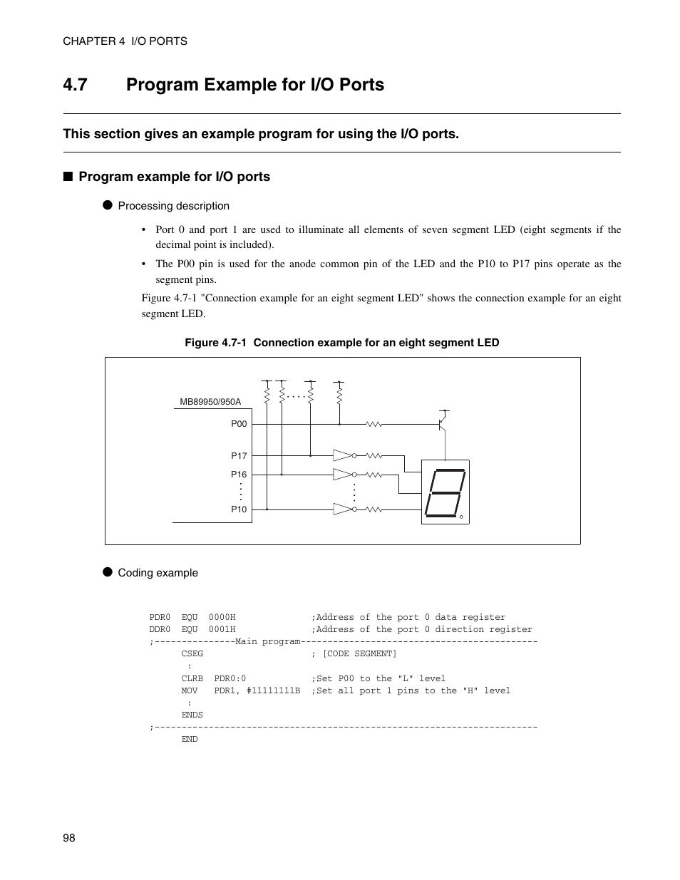 7 program example for i/o ports, Program example for i/o ports | FUJITSU Semiconductor Controller MB89950/950A User Manual | Page 112 / 318