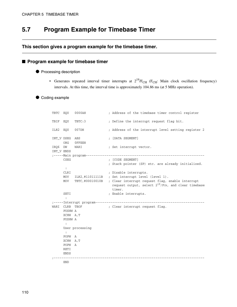 7 program example for timebase timer, Program example for timebase timer | FUJITSU Semiconductor Controller MB89950/950A User Manual | Page 124 / 318