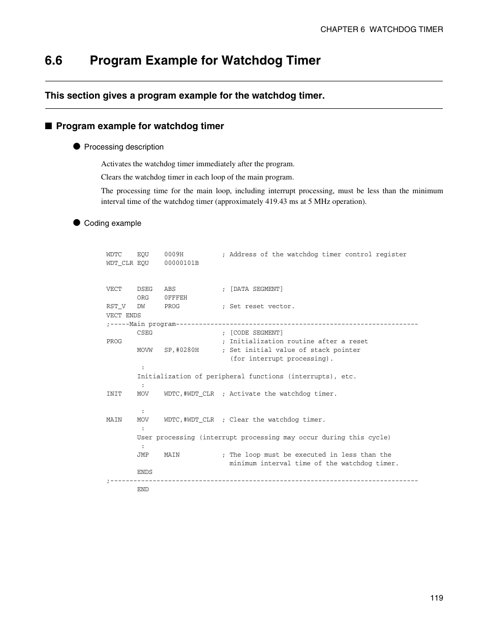 6 program example for watchdog timer, Program example for watchdog timer | FUJITSU Semiconductor Controller MB89950/950A User Manual | Page 133 / 318