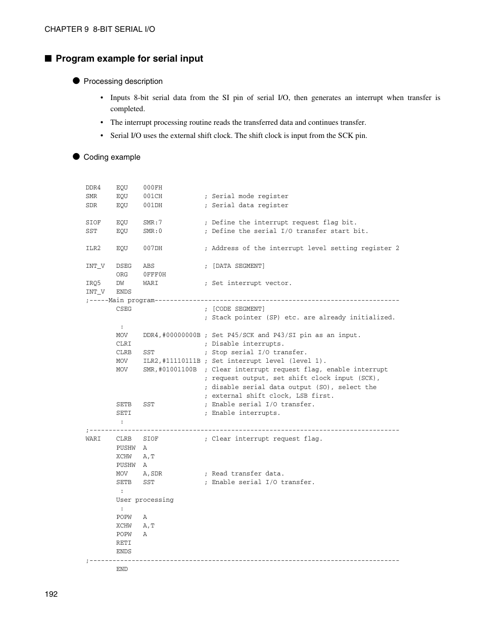 Program example for serial input | FUJITSU Semiconductor Controller MB89950/950A User Manual | Page 206 / 318