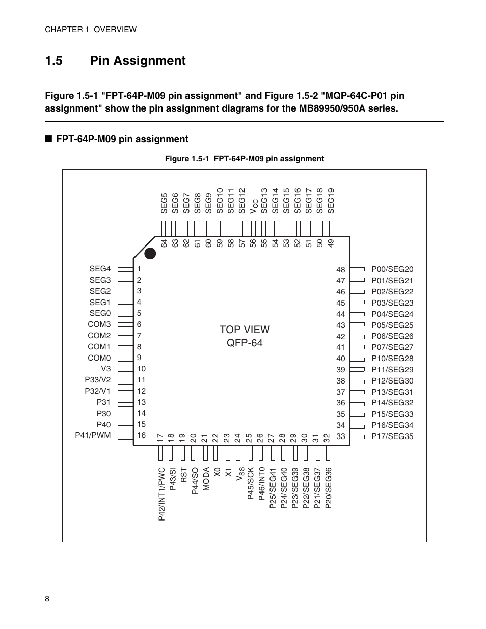 5 pin assignment, Pin assignment, 5 "p | Top view qfp-64 | FUJITSU Semiconductor Controller MB89950/950A User Manual | Page 22 / 318