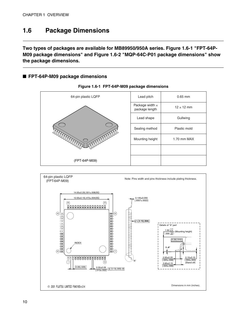 6 package dimensions, Package dimensions, 10 chapter 1 overview | FUJITSU Semiconductor Controller MB89950/950A User Manual | Page 24 / 318