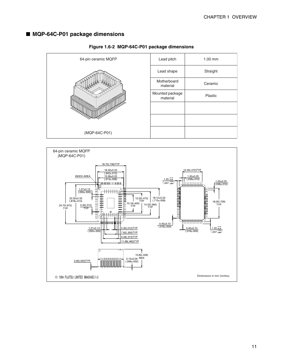 Mqp-64c-p01 package dimensions, 11 chapter 1 overview | FUJITSU Semiconductor Controller MB89950/950A User Manual | Page 25 / 318