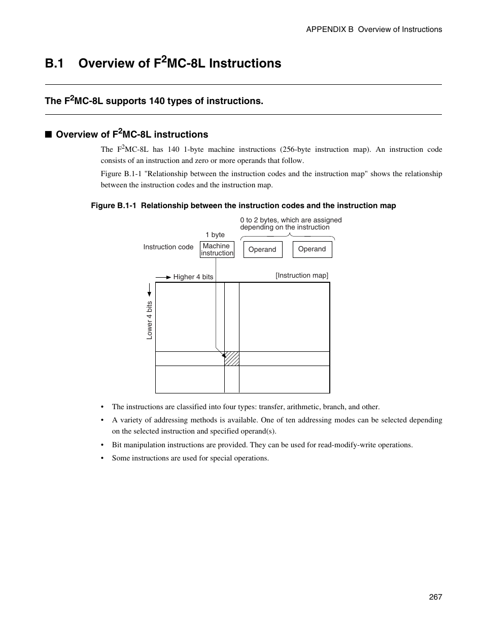B.1 overview of f2mc-8l instructions, Overview of f, B.1 overview of f | Mc-8l instructions | FUJITSU Semiconductor Controller MB89950/950A User Manual | Page 281 / 318