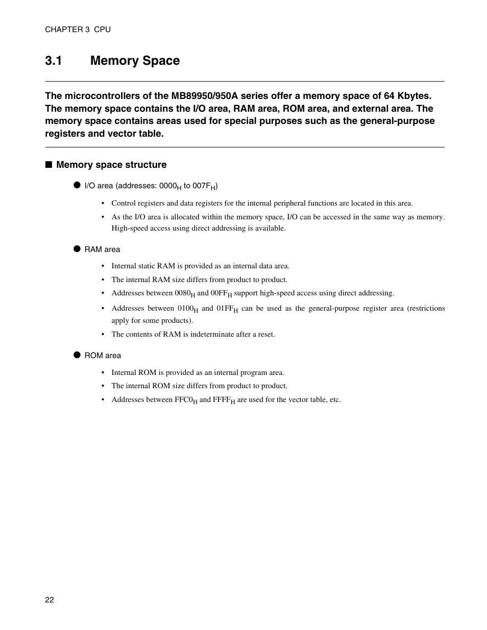 1 memory space, Memory space | FUJITSU Semiconductor Controller MB89950/950A User Manual | Page 36 / 318