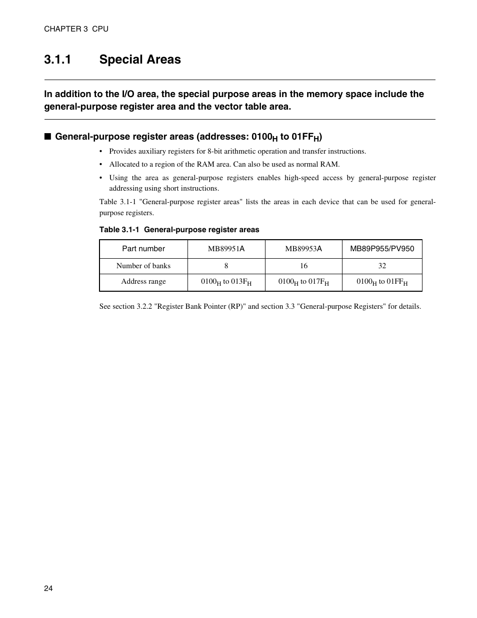 1 special areas, Special areas | FUJITSU Semiconductor Controller MB89950/950A User Manual | Page 38 / 318