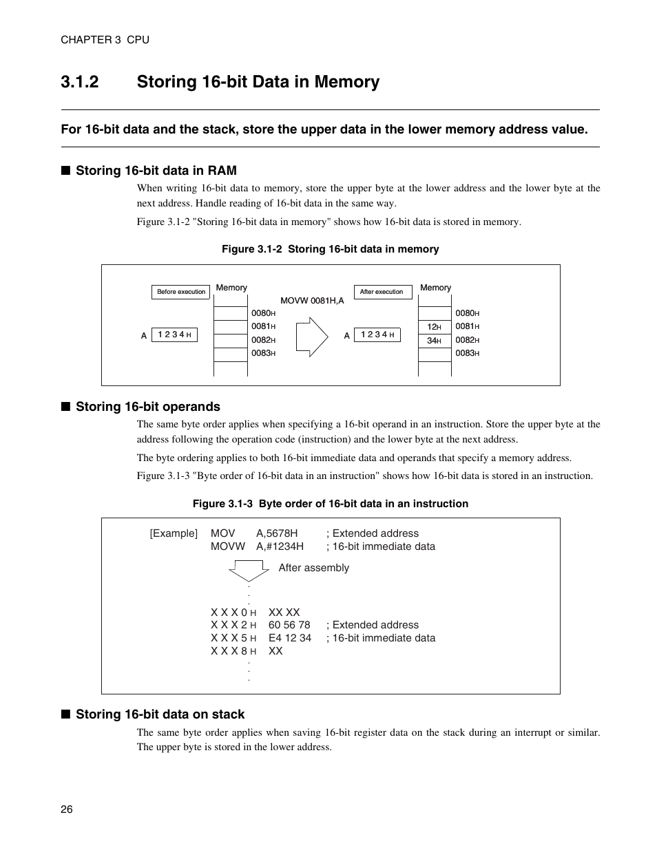 2 storing 16-bit data in memory, Storing 16-bit data in memory, Storing 16-bit operands | Storing 16-bit data on stack | FUJITSU Semiconductor Controller MB89950/950A User Manual | Page 40 / 318