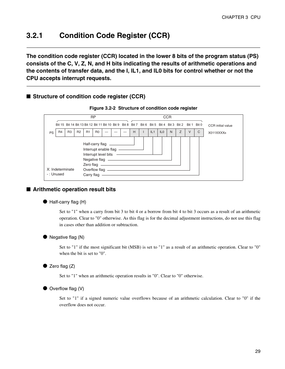 1 condition code register (ccr), Condition code register (ccr), Arithmetic operation result bits | FUJITSU Semiconductor Controller MB89950/950A User Manual | Page 43 / 318
