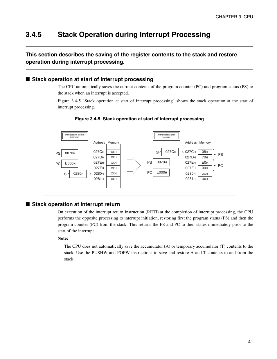 5 stack operation during interrupt processing, Stack operation during interrupt processing, Stack operation at interrupt return | FUJITSU Semiconductor Controller MB89950/950A User Manual | Page 55 / 318