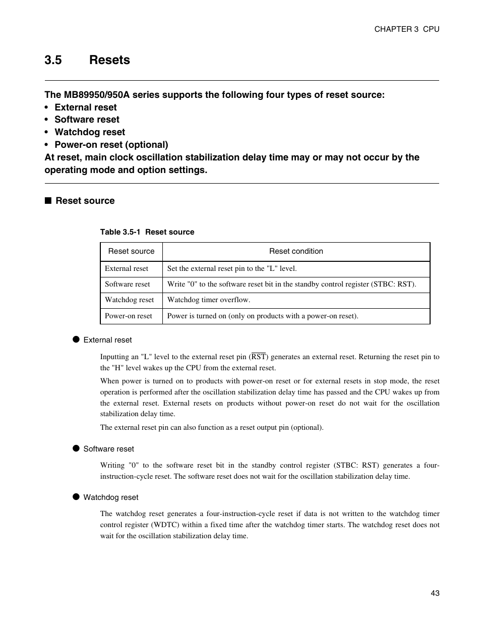 5 resets, Resets | FUJITSU Semiconductor Controller MB89950/950A User Manual | Page 57 / 318