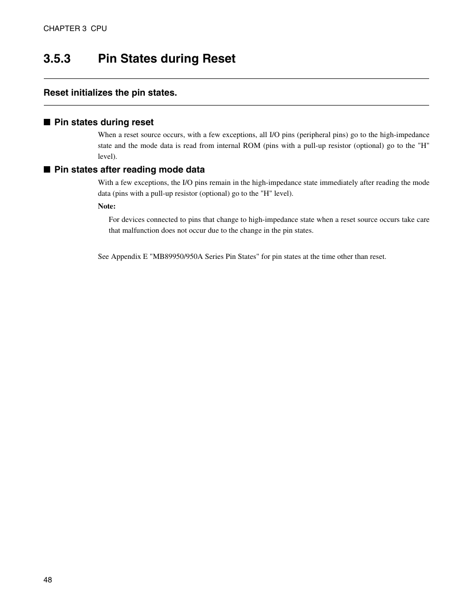 3 pin states during reset, Pin states during reset | FUJITSU Semiconductor Controller MB89950/950A User Manual | Page 62 / 318