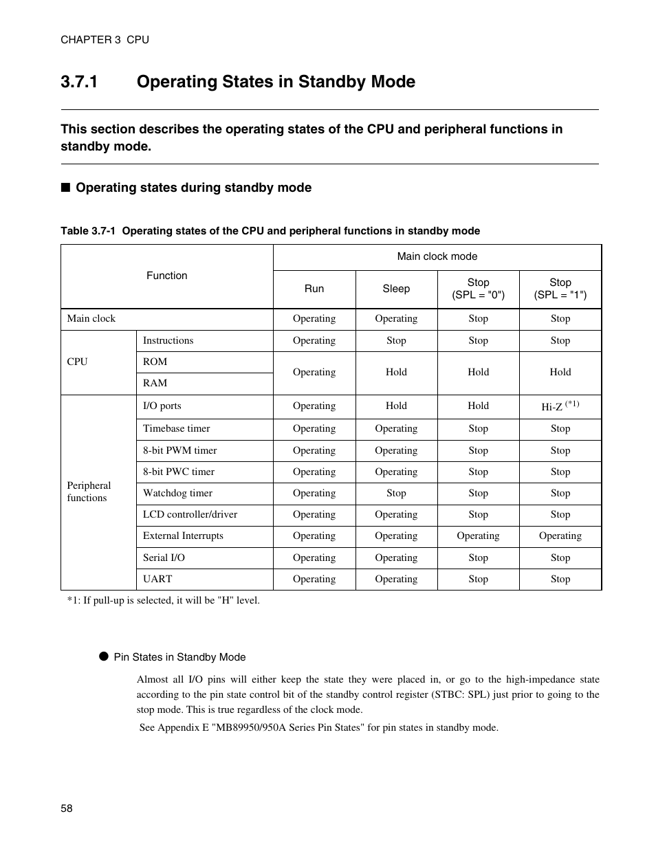 1 operating states in standby mode, Operating states in standby mode | FUJITSU Semiconductor Controller MB89950/950A User Manual | Page 72 / 318