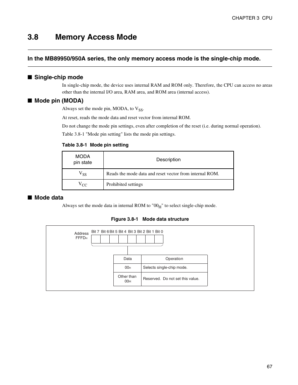 8 memory access mode, Memory access mode, Mode pin (moda) | Mode data | FUJITSU Semiconductor Controller MB89950/950A User Manual | Page 81 / 318