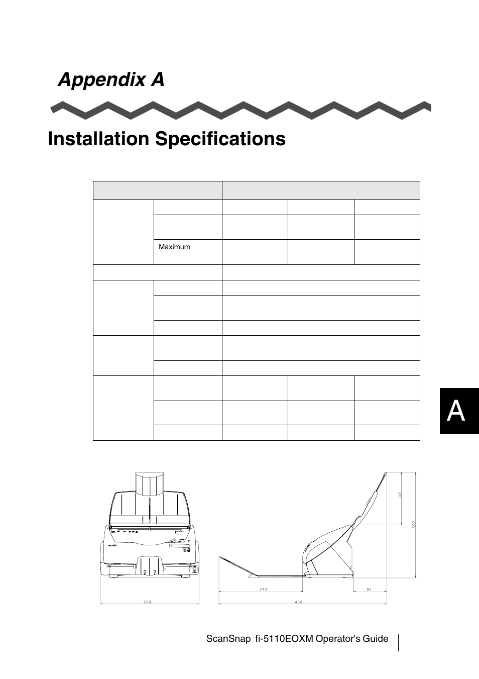 Appendix a installation specifications | FUJITSU fi-5110EOXM User Manual | Page 115 / 121