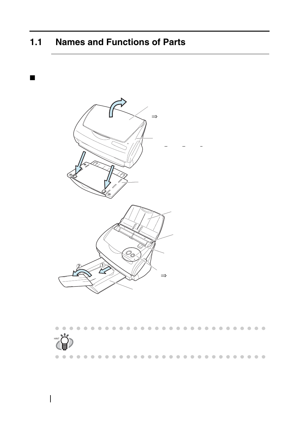 1 names and functions of parts, Front side | FUJITSU fi-5110EOXM User Manual | Page 18 / 121