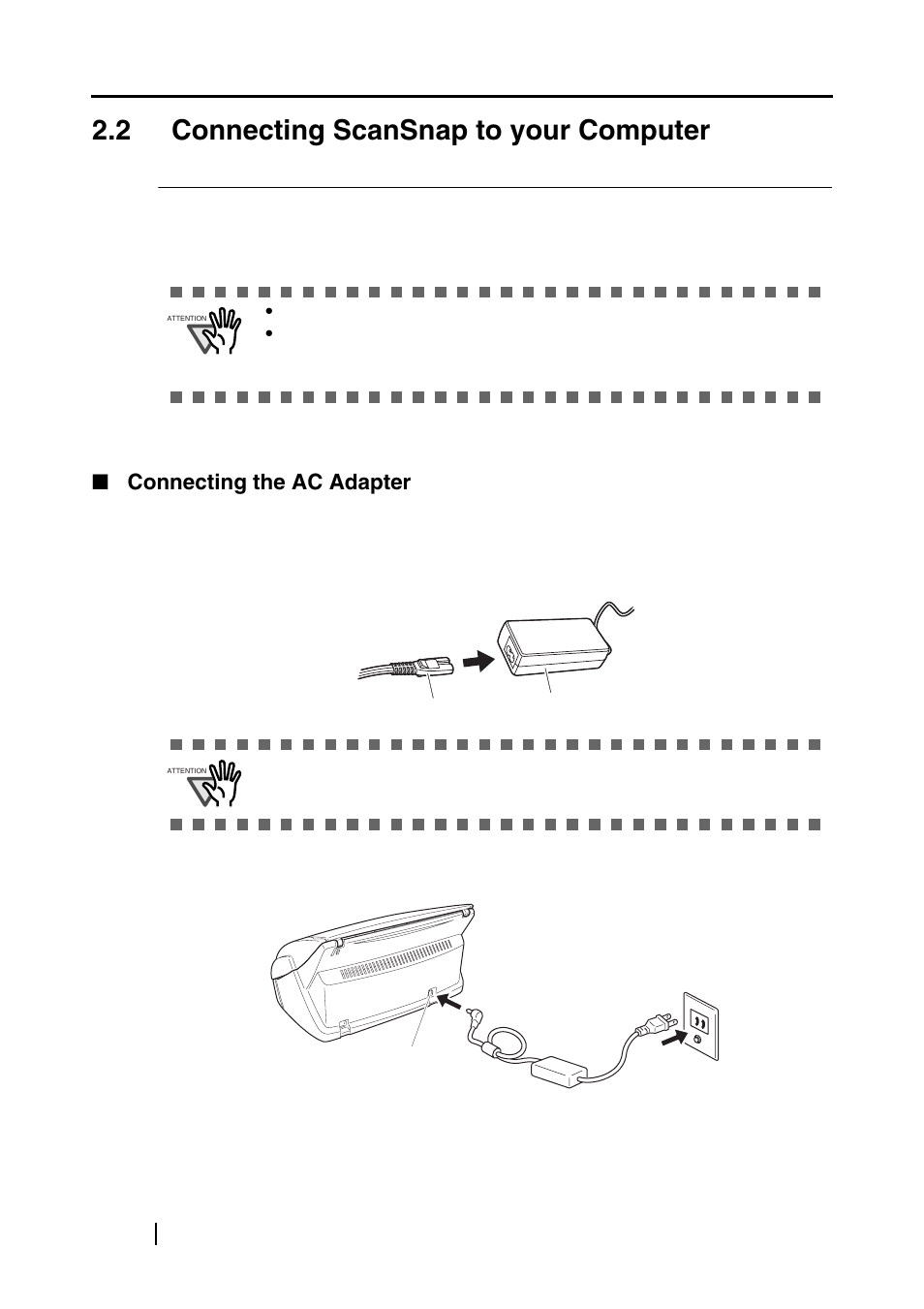 2 connecting scansnap to your computer, Connecting the ac adapter | FUJITSU fi-5110EOXM User Manual | Page 32 / 121