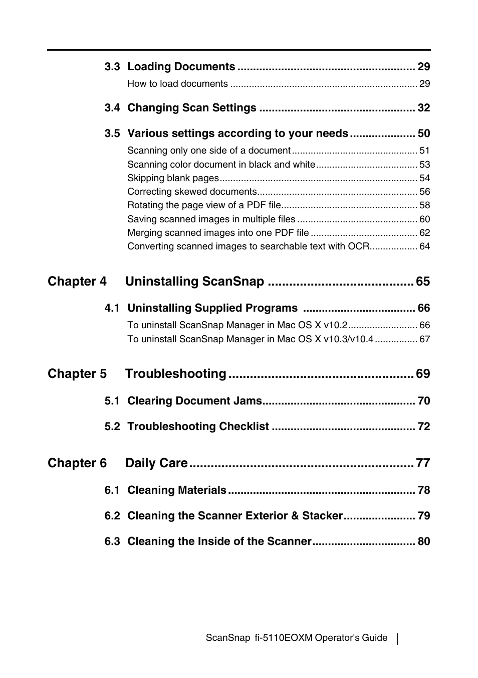 Chapter 4 uninstalling scansnap, Chapter 5 troubleshooting, Chapter 6 daily care | FUJITSU fi-5110EOXM User Manual | Page 5 / 121
