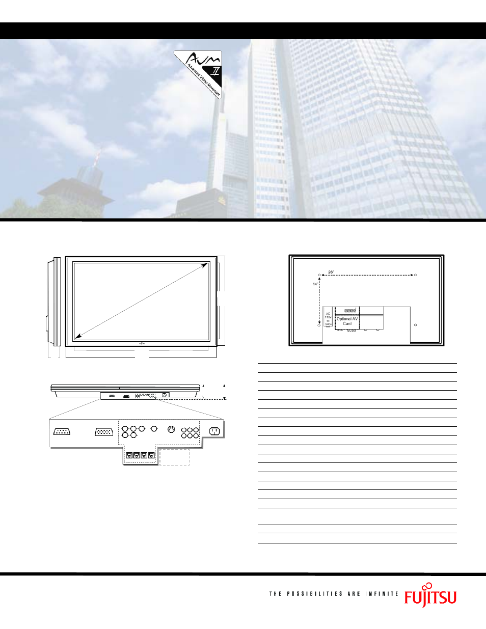 Specifications, 50” high resolution plasmavision, P50xca51wh | Optional accessories, Input / output array, It’s what’s inside, Brilliant color display, Enhanced data capabilities, Picture perfefct | FUJITSU PLASMAVISION P50XCA51WH User Manual | Page 2 / 2