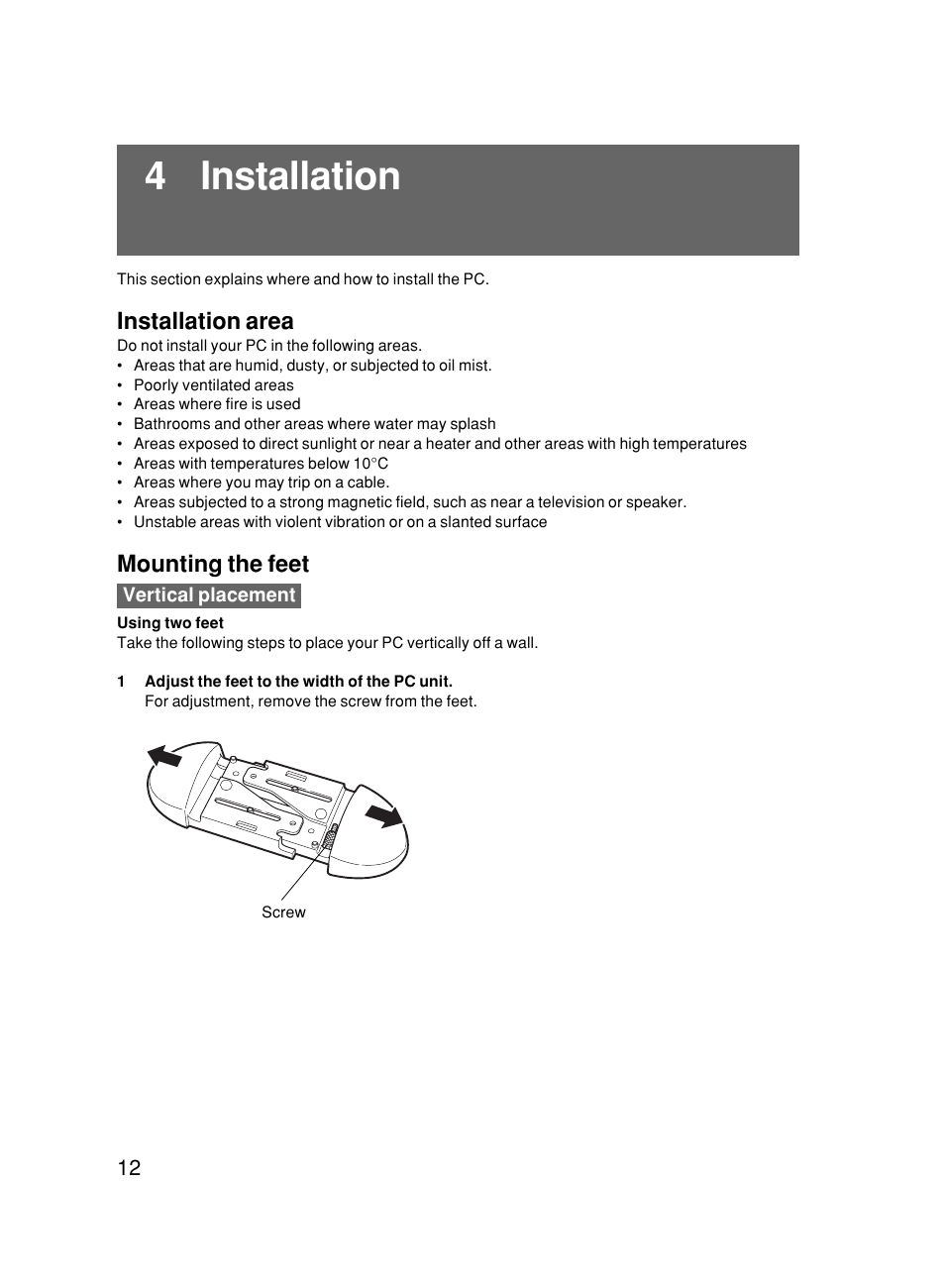 4 installation, Installation area, Mounting the feet | FUJITSU 500 User Manual | Page 23 / 80
