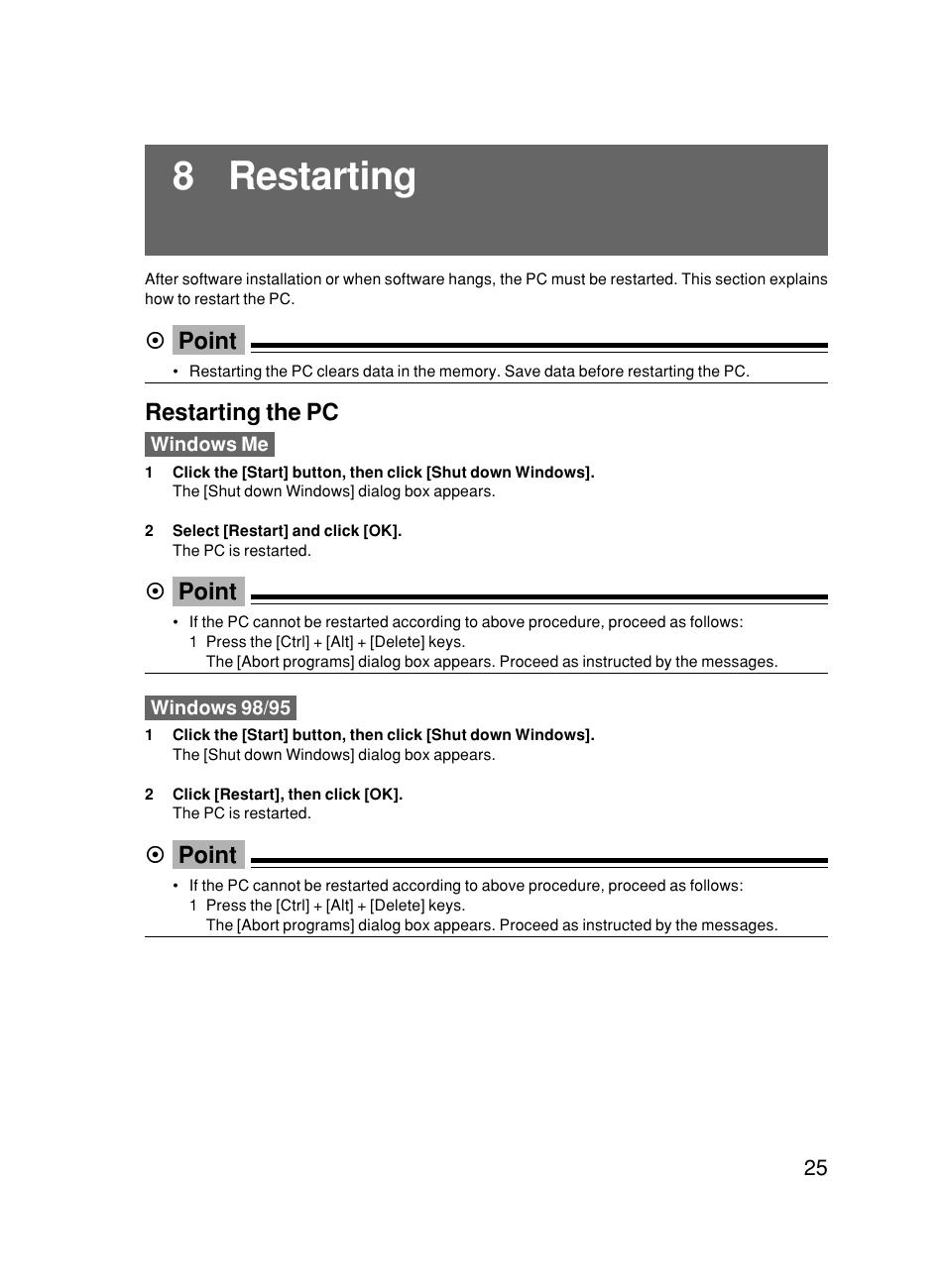 8 restarting, Point, Restarting the pc | FUJITSU 500 User Manual | Page 36 / 80